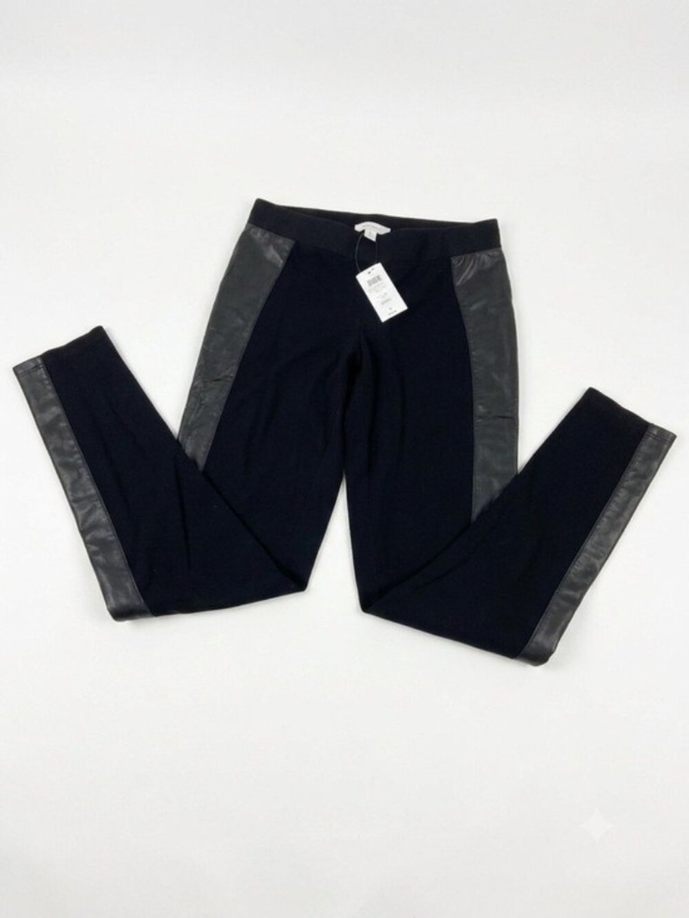 NWT Cache Black Tuxedo Pants Leather Trim Women’s Size 6 Straight Leg Dress